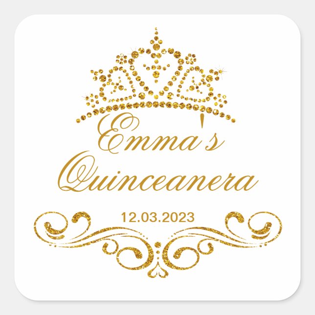 Goldrollen, individuelles Tiara Quinceanera Logo Quadratischer Aufkleber (Vorderseite)