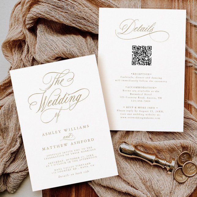 Goldromantische Kalligrafie in einer Hochzeit Einladung (Front & Back)