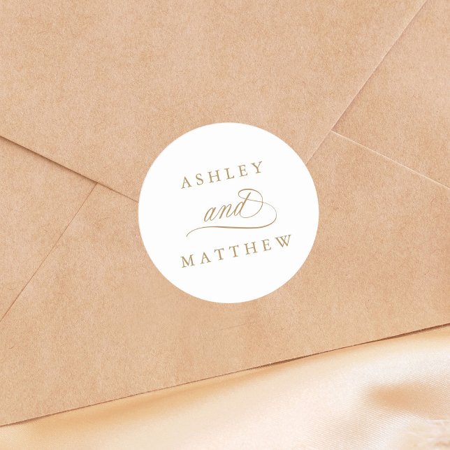 Goldromantische Wirble Kalligrafie-Hochzeit Runder Aufkleber (Von Creator hochgeladen)