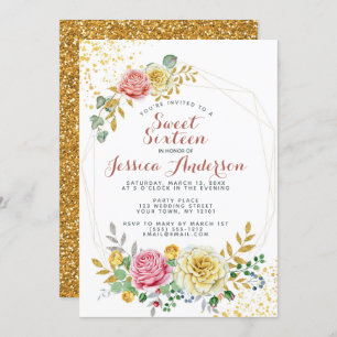 Goldrosa Glitzer Blumen16. Geburtstag Einladung