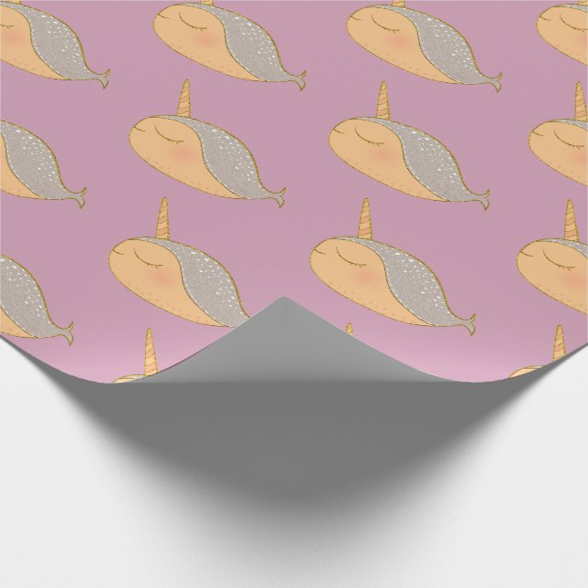 Goldrosa Glitzer Narwhal Unicorn Geschenkpapier (Ecke)