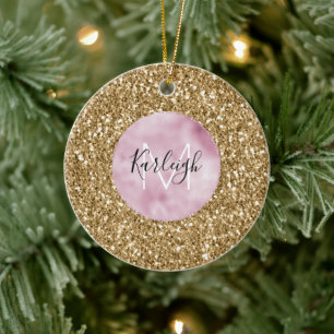 Goldrosa Glitzy-Glitzer Monogram personalisiert Keramik Ornament