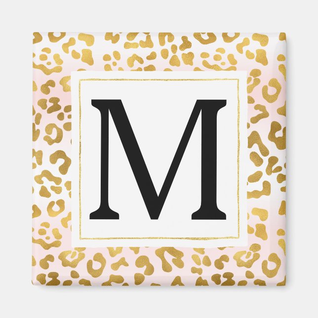 Goldrosa Weißleopard Print Monogram Magnet (Vorne)