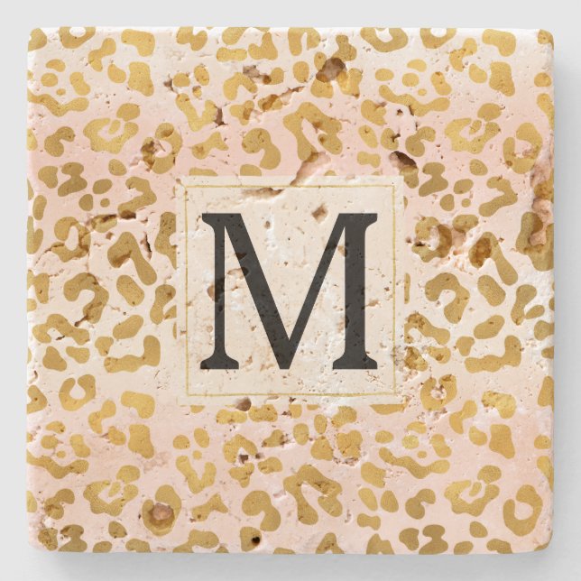 Goldrosa Weißleopard Print Monogram Steinuntersetzer (Vorderseite)