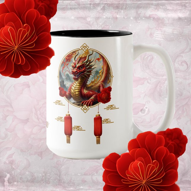 Goldrot chinesischer Drache wünschen Ihnen ein glü Zweifarbige Tasse (Von Creator hochgeladen)