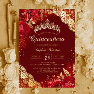 Goldrote Blumen-Spitze-Quinceanera  Folieneinladung