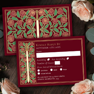 Goldrote mittelalterliche Blumen-Schwert-Hochzeits RSVP Karte