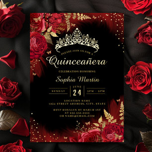 Goldroter Schmetterling Floral Quinceanera Folieneinladung