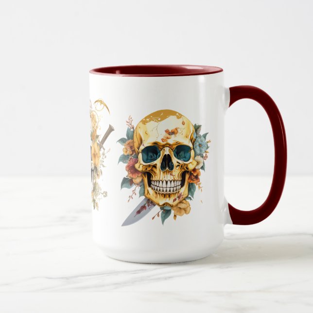 Goldschädel auf weißer Tasse (Rechts)