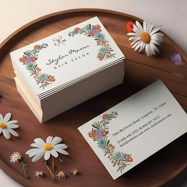 Goldschere Blumenhaar Stylist Weiß Visitenkarte (Gold Scissor Floral Wreath Hair Stylist White Business Card)