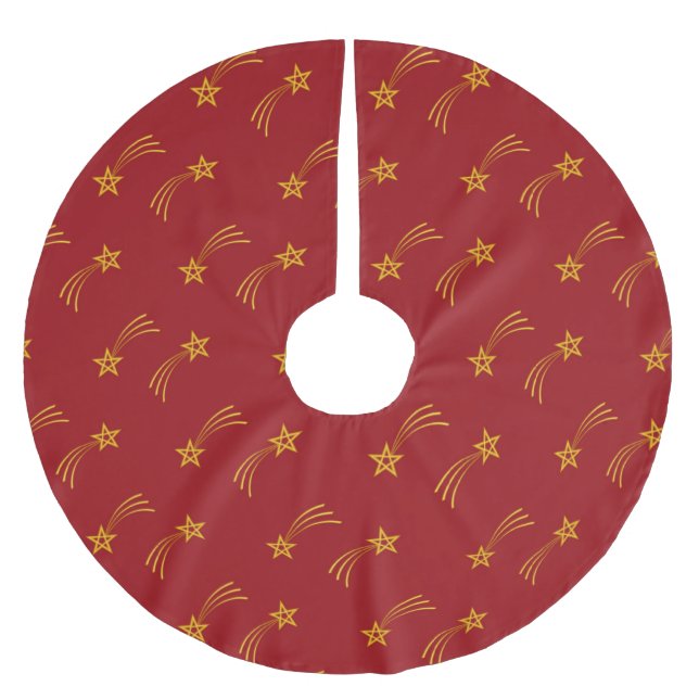 Goldschießsterne in Rot Polyester Weihnachtsbaumdecke (Vorderseite)