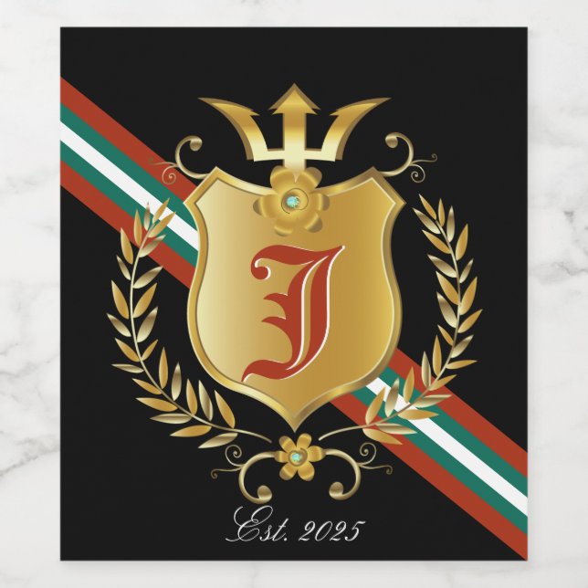 Goldschild und Wappen Red|Green Strip Monogramm Weinetikett (Einzelnes Label)