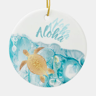 Goldschildkröten Blauer Farbton Aloha Text Keramik Ornament