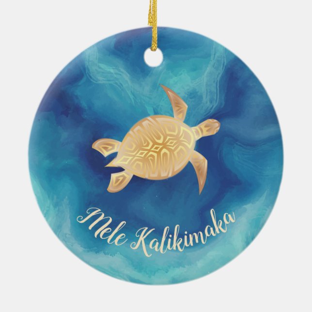 Goldschildkröten Mele Kalikimaka Hawaiianische Wei Keramik Ornament (Hinten)