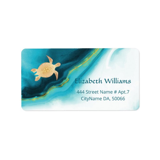 Goldschildkröten Türkis Aquarell Tinte Küste Adressaufkleber (Vorne)
