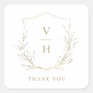 Goldschlichte Hochzeit mit botanischem Wappen Quadratischer Aufkleber
