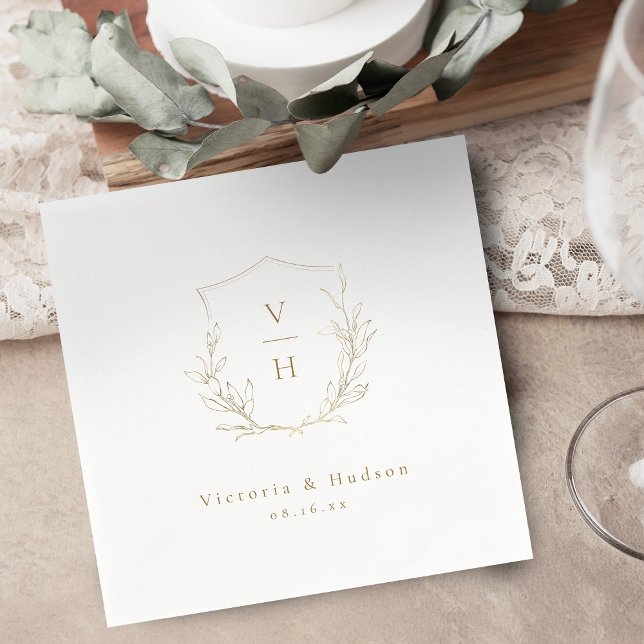 Goldschlichte Hochzeit mit botanischem Wappen Serviette (Gold simple botanical crest monogram wedding napkins)