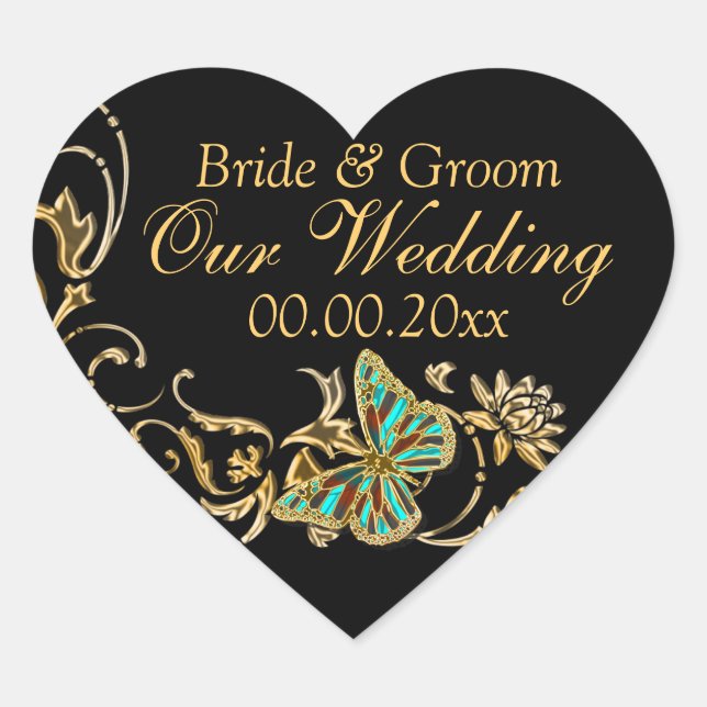 Goldschmetterling-Hochzeit-Verlobung Herz-Aufkleber (Vorderseite)
