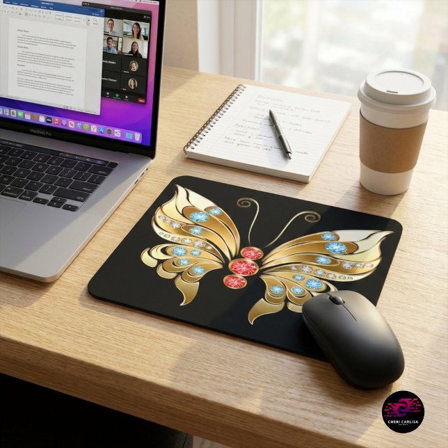 Goldschmetterling mit Edelsteinen Mousepad (Upgrade your workspace with gold jeweled butterfly impact ✨)