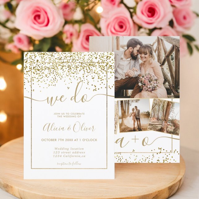 Goldschmiedefolie Weiße Fotos Hochzeit Einladung (Chic gold foil white photo initials wedding invitation)