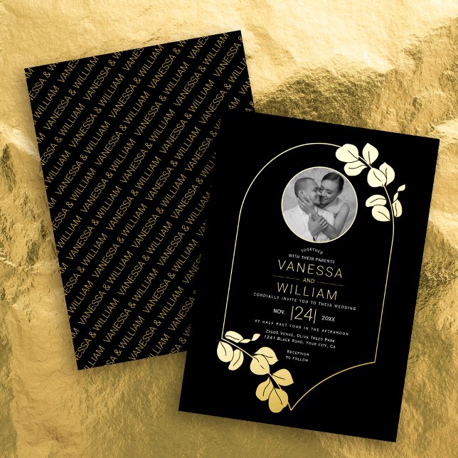 Goldschmuck inspiriert Rahmen, Blätter Foto Hochze Folieneinladung (Von Creator hochgeladen)