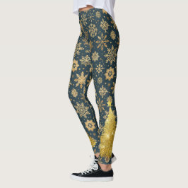 Goldschneeflocken auf Dunkelblau mit Baum Leggings