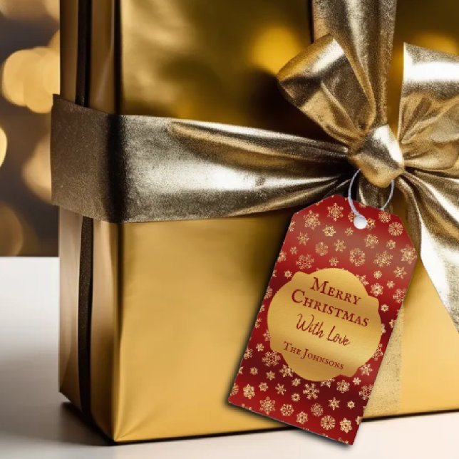 Goldschneeflocken auf düsteren, roten Weihnachtsbi Geschenkanhänger (Von Creator hochgeladen)