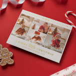 Goldschneeflocken Frohe Weihnachten 4 Fotos Folien Feiertagskarte<br><div class="desc">Eine lustige kleine Weihnachtsfotokarte mit vier Fotos,  Schneeflocken und Goldfolientext. Weiße und goldene Weihnachtskarte mit einem fröhlichen,  kleinen Weihnachtsgeschenk in Goldfolie mit Schneeflocken.</div>