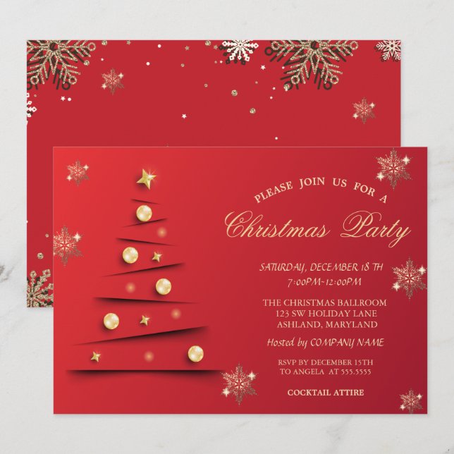 Goldschneeflocken, Weihnachtsbaumballen Einladung (Vorne/Hinten)