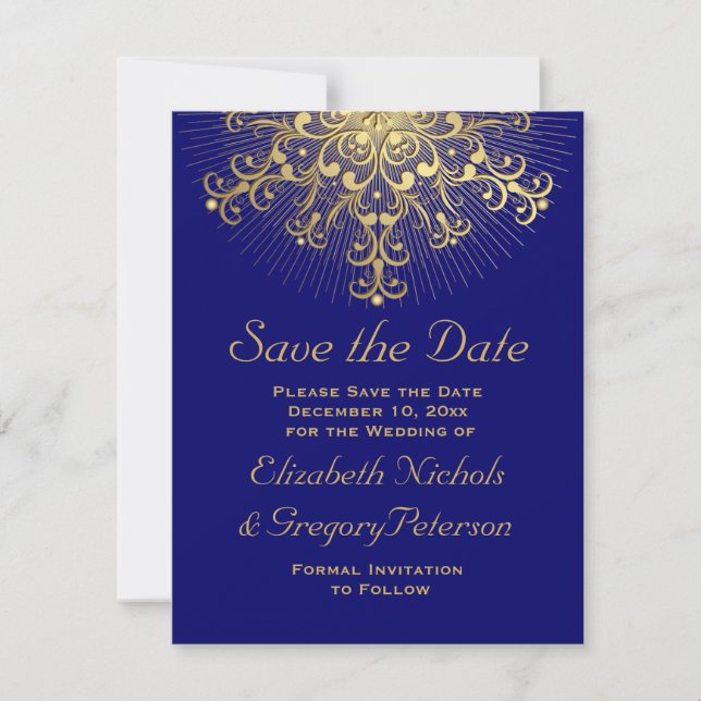 Goldschneeflockenblauer Winterhochzeit Save the Da Date (Vorderseite)