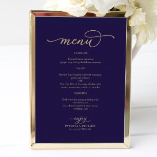 Goldschrift Navy Blau Hochzeits-Menü-Schild Poster