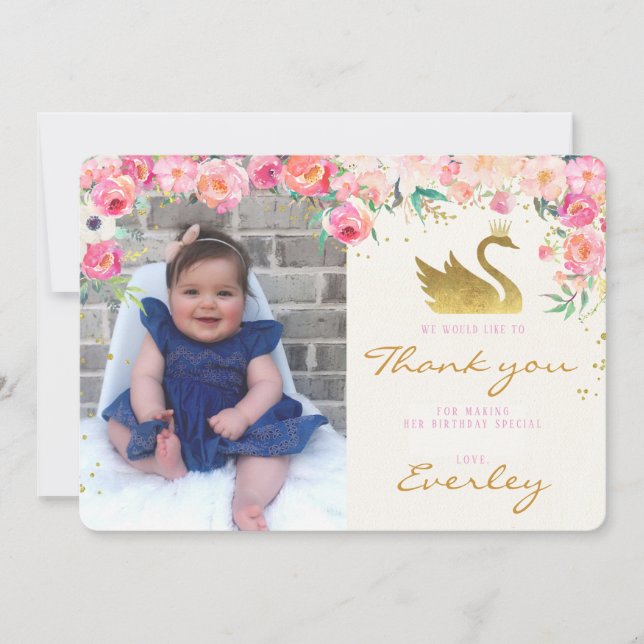 Goldschwan-Prinzessin Pink Floral Thank Sie Dankeskarte (Vorderseite)