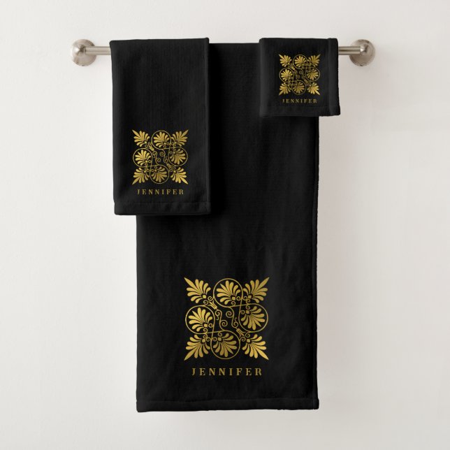 Goldschwarz-Ancient-Griechisch-Meander-Monogramm Badhandtuch Set (Insitu)