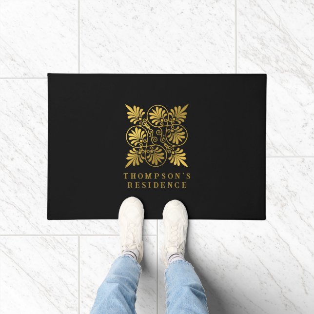 Goldschwarz-Ancient-Griechisch-Meander-Monogramm Fußmatte (Indoor)