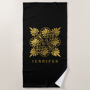 Goldschwarz-Ancient-Griechisch-Meander-Monogramm Strandtuch