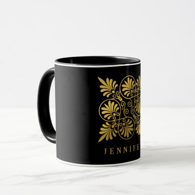 Goldschwarz-Ancient-Griechisch-Meander-Monogramm Tasse (Vorderseite Links)