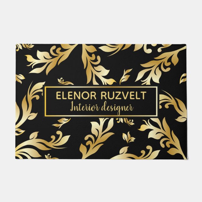 goldschwarz elegant modern Luxe florale Damast Des Fußmatte (Vorderseite)