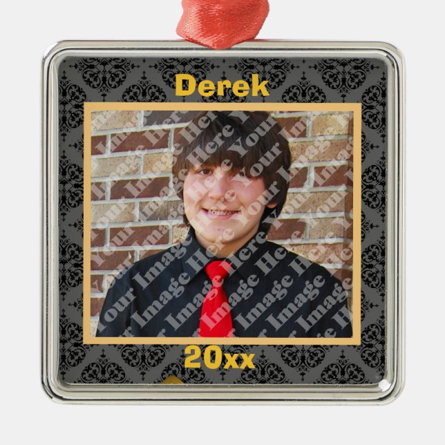 Goldschwarz und graue Damast Keepake-Ornament Silbernes Ornament (Vorne)