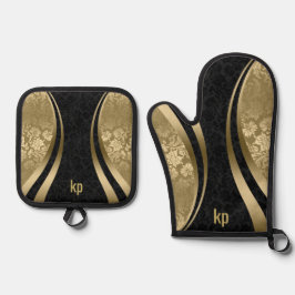 Goldschwarzer Damaskus-Dynamische Linien Ofenhandschuh & Topflappen-Set