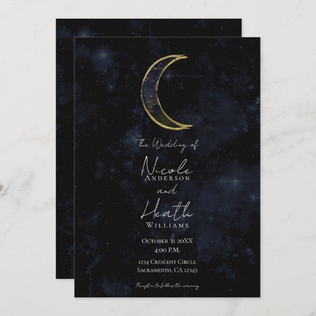 Goldschwarzer Mond Celestial Night Starry Wedding Einladung (Vorne/Hinten)