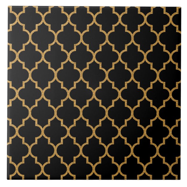 Goldschwarzes Quatrefoil Muster Fliese (Vorderseite)