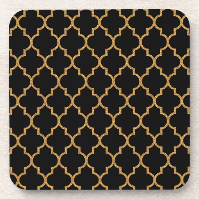 Goldschwarzes Quatrefoil Muster Untersetzer (Vorderseite)