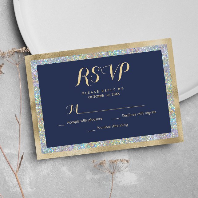 Goldsilber-Navy-Glitzer-UAWG RSVP Karte (Navy blue gold silver holographic glitter RSVP )