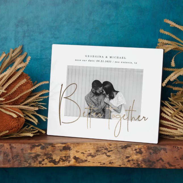 Goldskript ein Foto Save the Date Verlobung Fotoplatte (Seite)