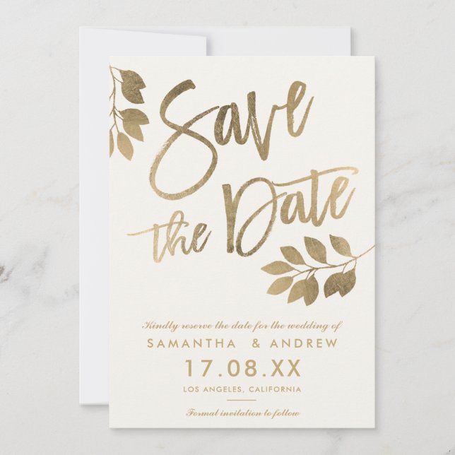 Goldskriptblatt-Hochzeit speichern das Datum Save The Date (Vorderseite)
