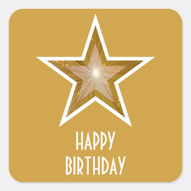 Goldstar-Aufkleber "Happy Birthday" gelb Quadratischer Aufkleber (Vorderseite)