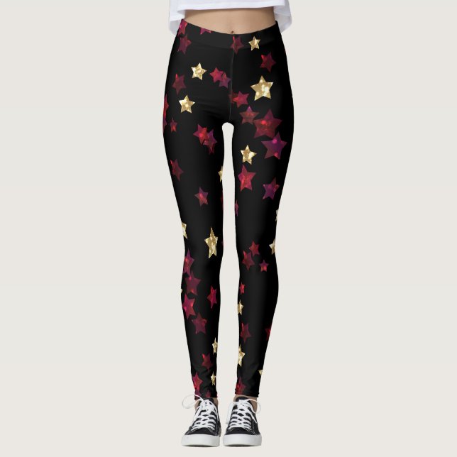 Goldstars, Gold, Schwarz, Rot, Eleganz, Glitzer Leggings (Vorderseite)