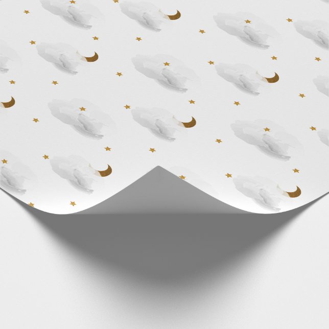 Goldstars, Monde & Fluffy Graue Wolken Geschenkpapier (Ecke)