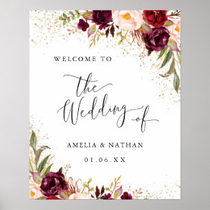 Goldstaub Burgund Floral Willkommens Hochzeit Poster