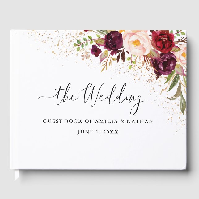 Goldstaub-Burgundy-Blumenhochzeit Gästebuch (Vorderseite)